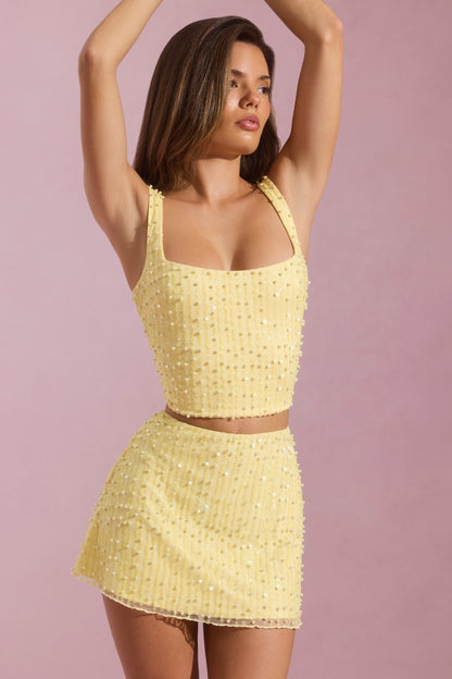 Embellished Square-Neck Crop Top in Yellow