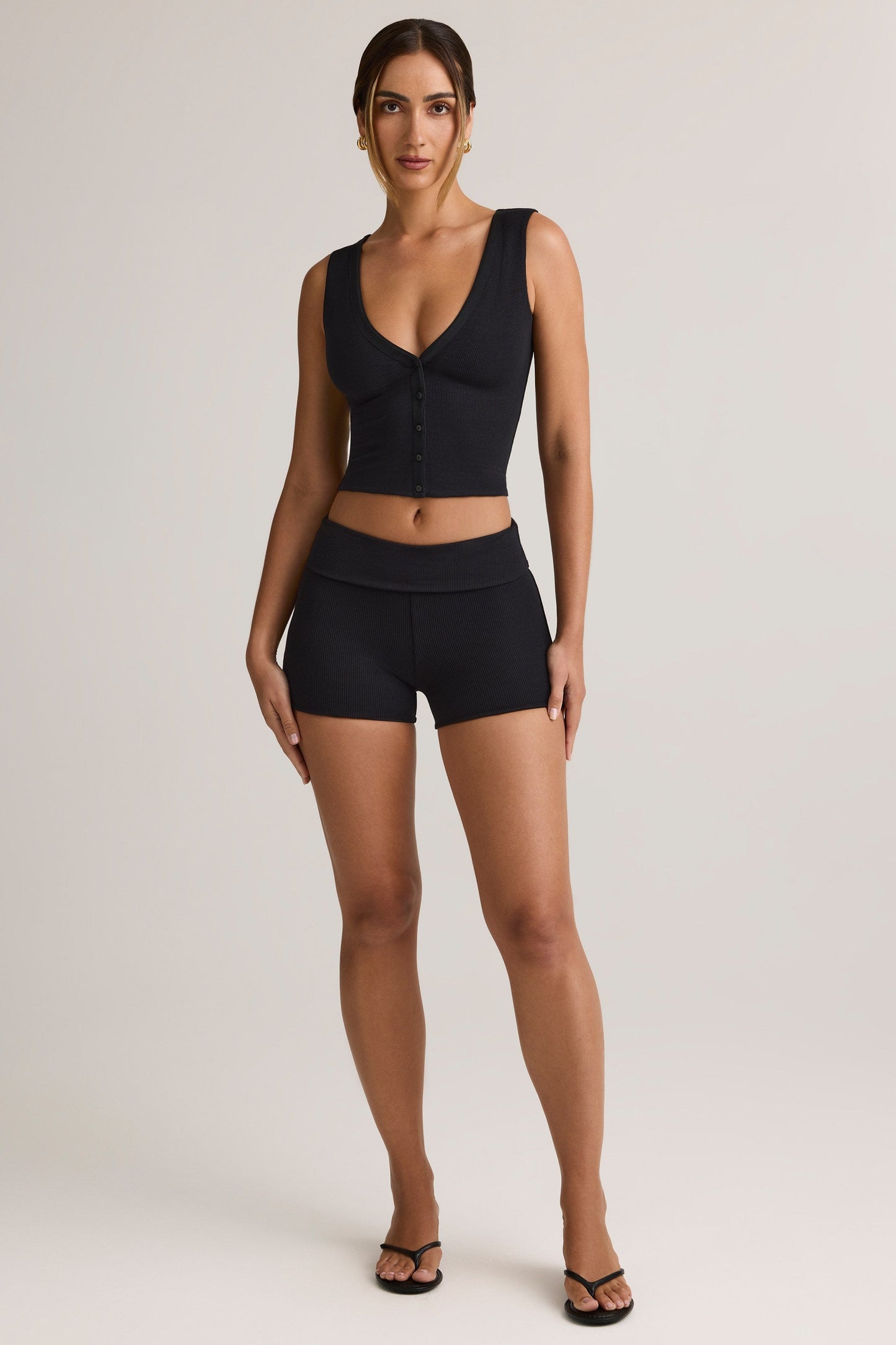 Modal Ribbed Mid-Rise Foldover Shorts in Black