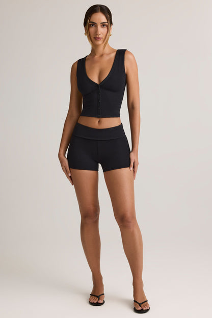 Modal Ribbed Mid-Rise Foldover Shorts in Black