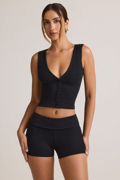 Modal Ribbed Mid-Rise Foldover Shorts in Black