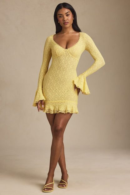 Long-Sleeve Ruffled Lace Mini Dress in Pastel Yellow