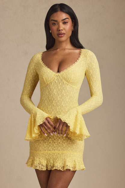 Long-Sleeve Ruffled Lace Mini Dress in Pastel Yellow