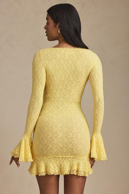 Long-Sleeve Ruffled Lace Mini Dress in Pastel Yellow