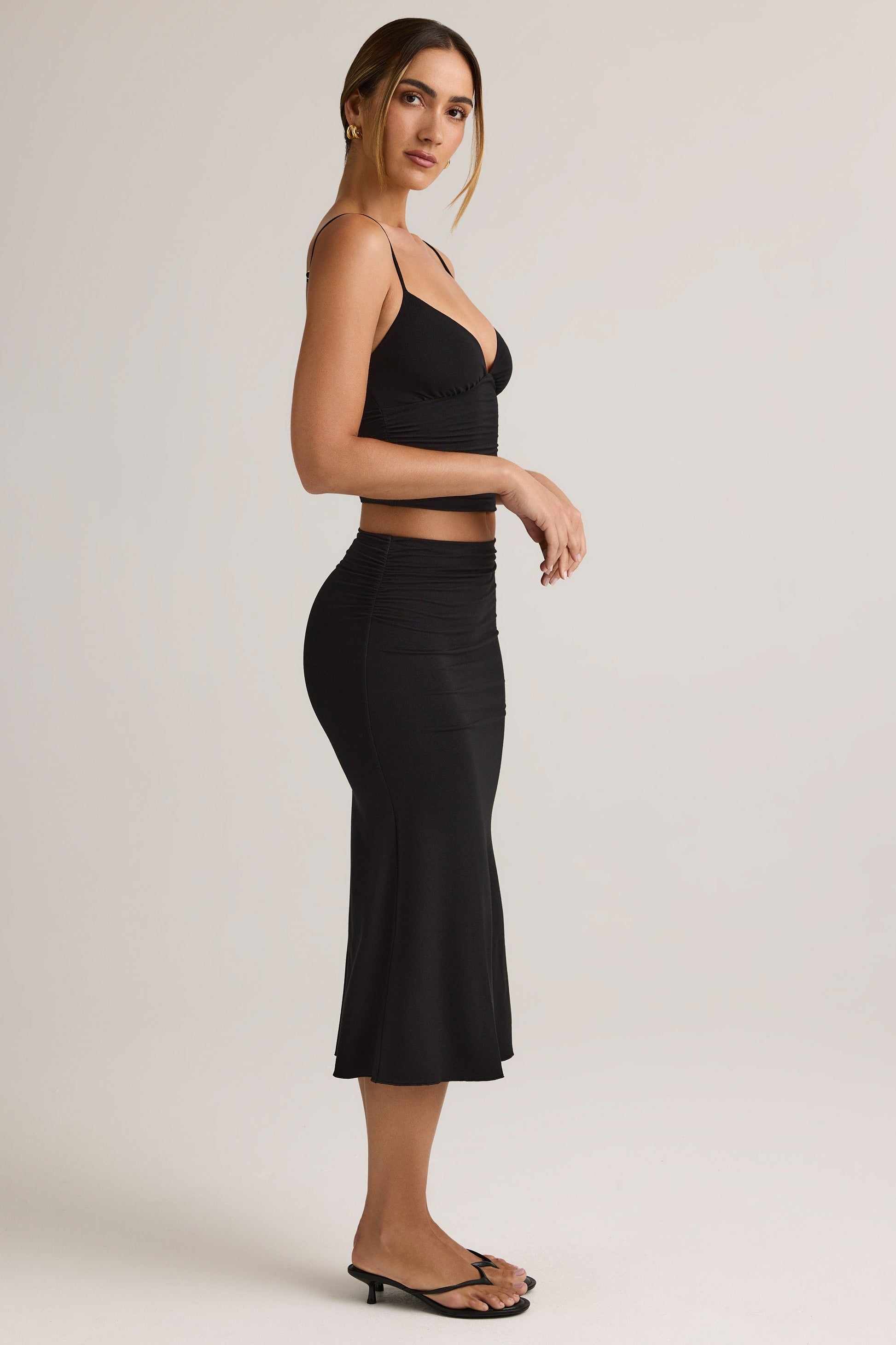 Modal Ruched Mid-Rise Midaxi Skirt in Black