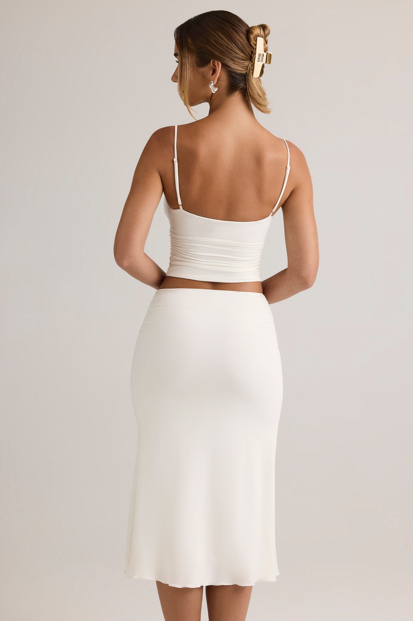Modal Ruched Mid-Rise Midaxi Skirt in White