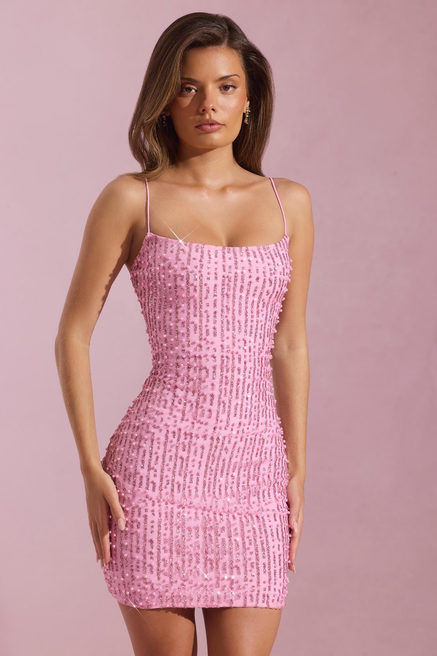 Embellished Scoop-Neck Bodycon Mini Dress in Pink