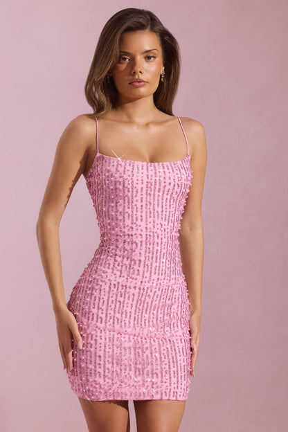 Embellished Scoop-Neck Bodycon Mini Dress in Pink