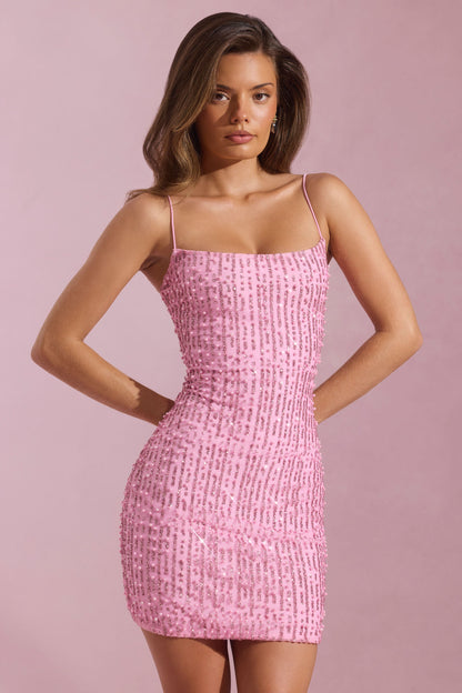 Embellished Scoop-Neck Bodycon Mini Dress in Pink