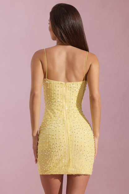 Embellished Scoop-Neck Bodycon Mini Dress in Yellow