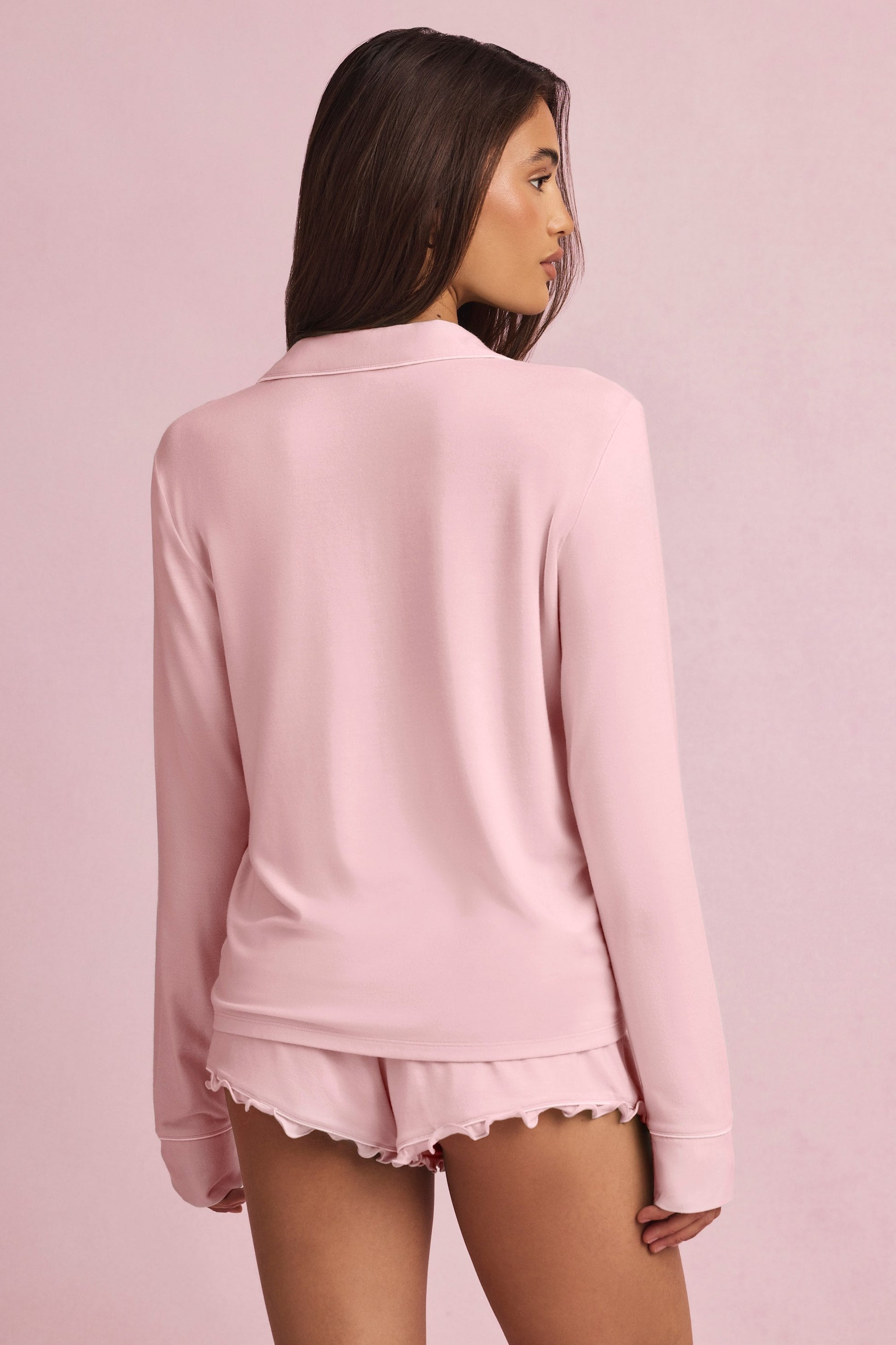 Modal Ruffle-Trim Pyjama Shorts in Baby Pink