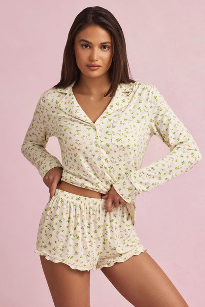 Modal Ruffle-Trim Pyjama Shorts in Lemon Print