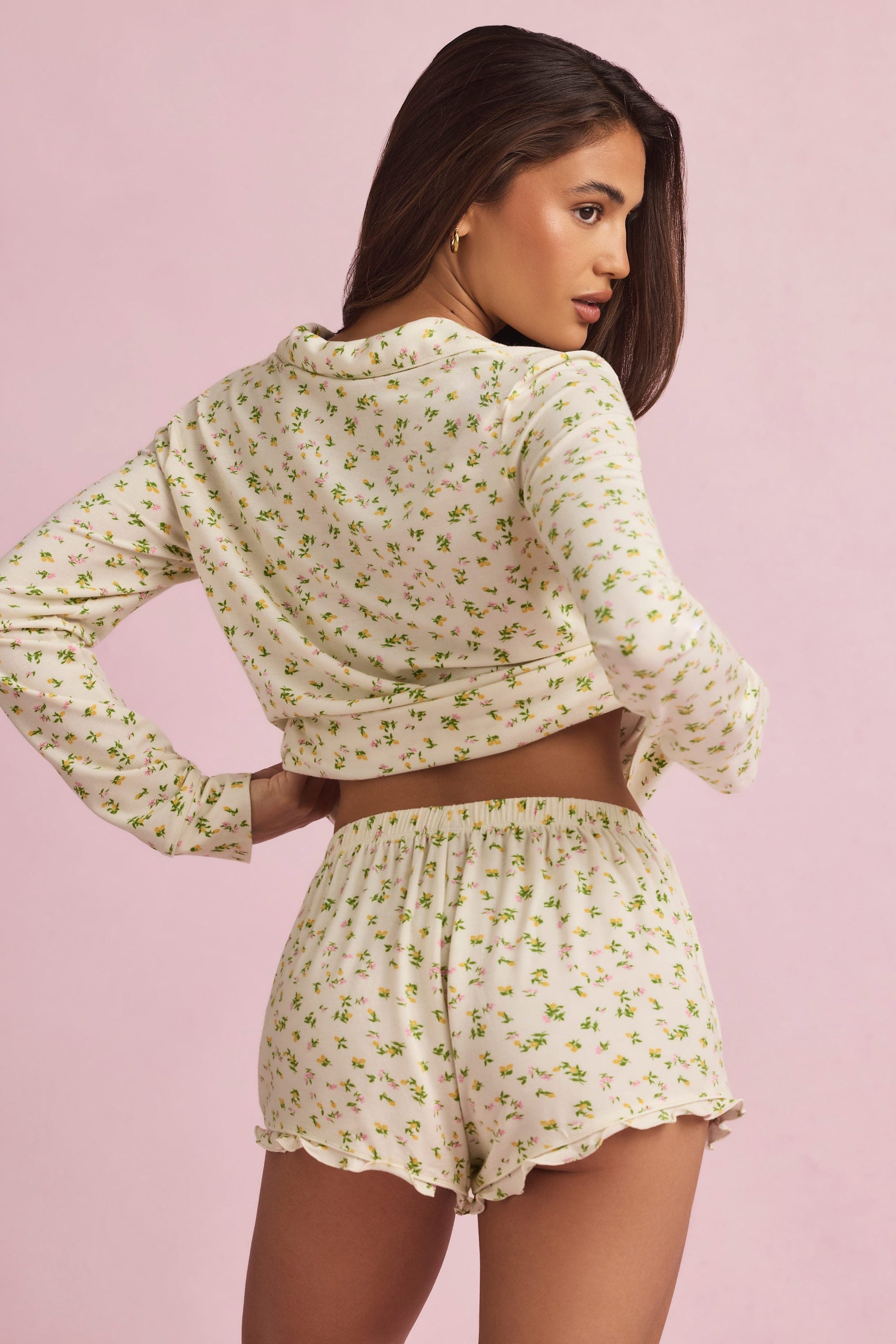 Modal Ruffle-Trim Pyjama Shorts in Lemon Print