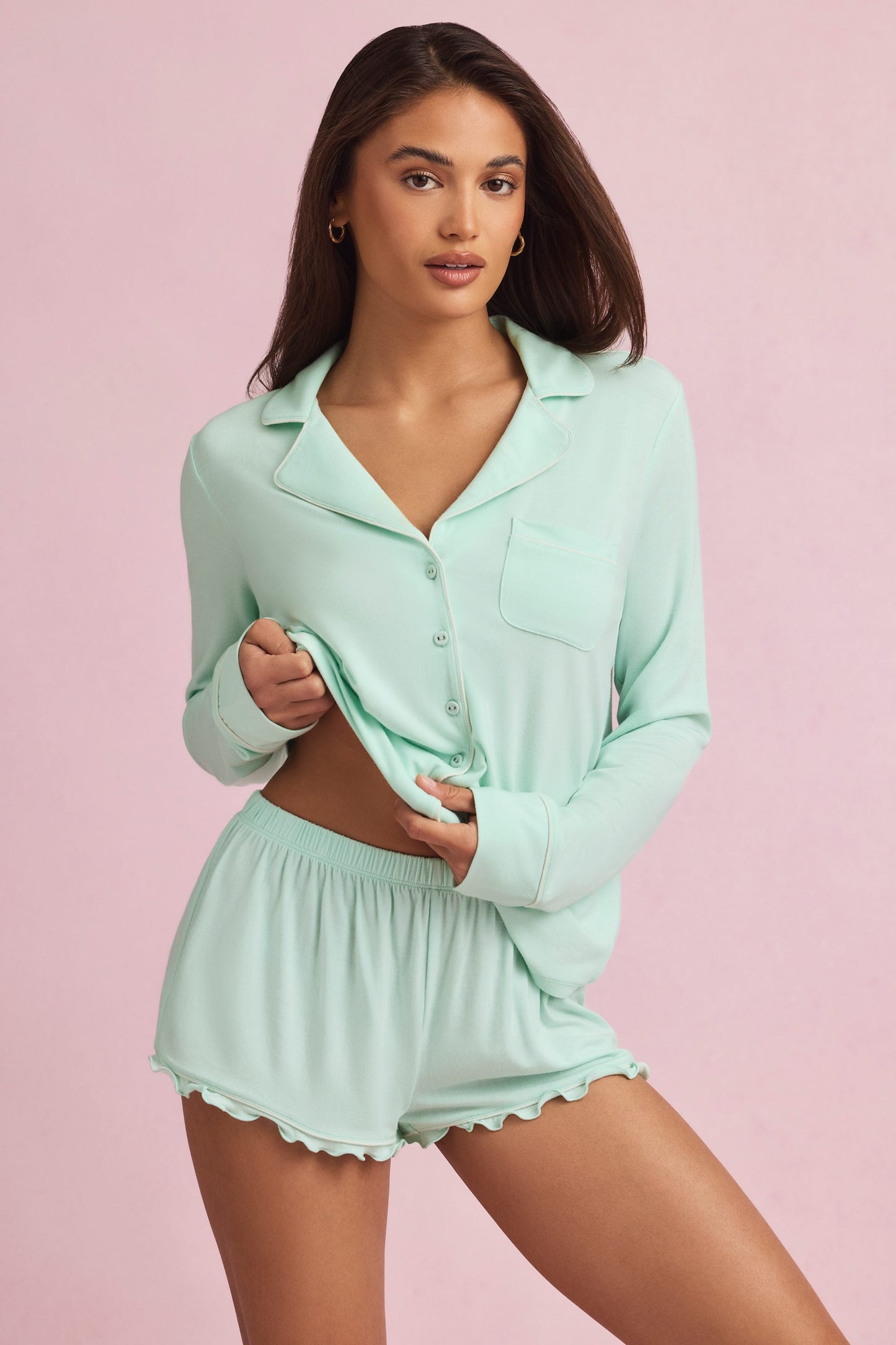 Modal Ruffle-Trim Pyjama Shorts in Mint