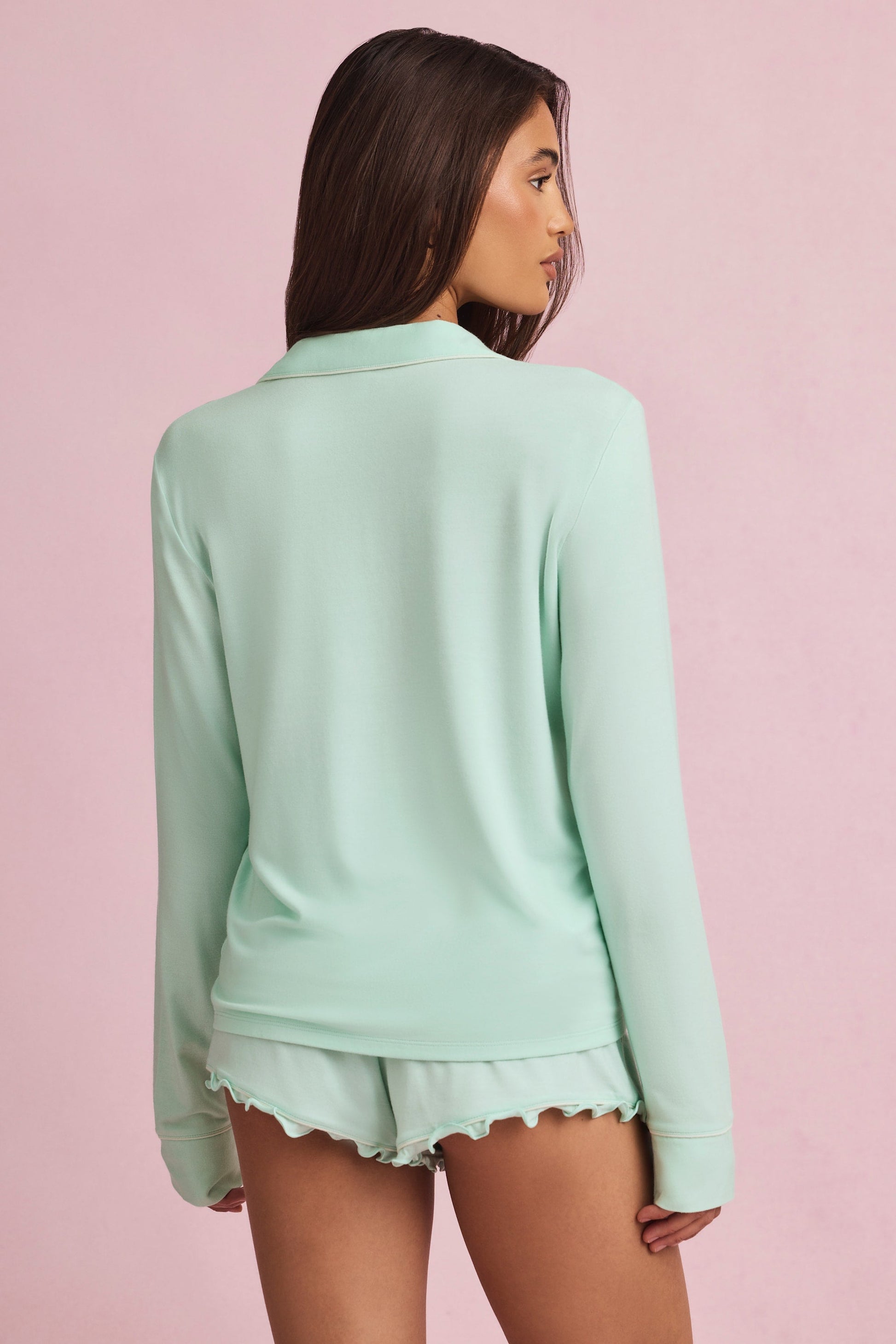 Modal Ruffle-Trim Pyjama Shorts in Mint