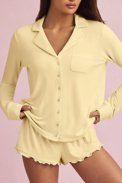 Modal Ruffle-Trim Pyjama Shorts in Pastel Yellow