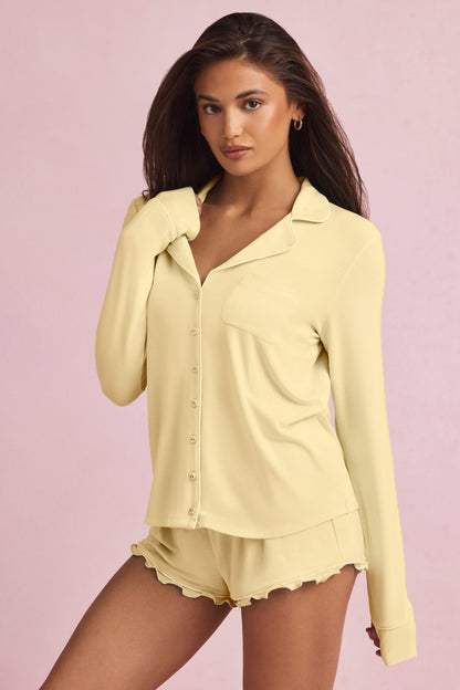 Modal Ruffle-Trim Pyjama Shorts in Pastel Yellow