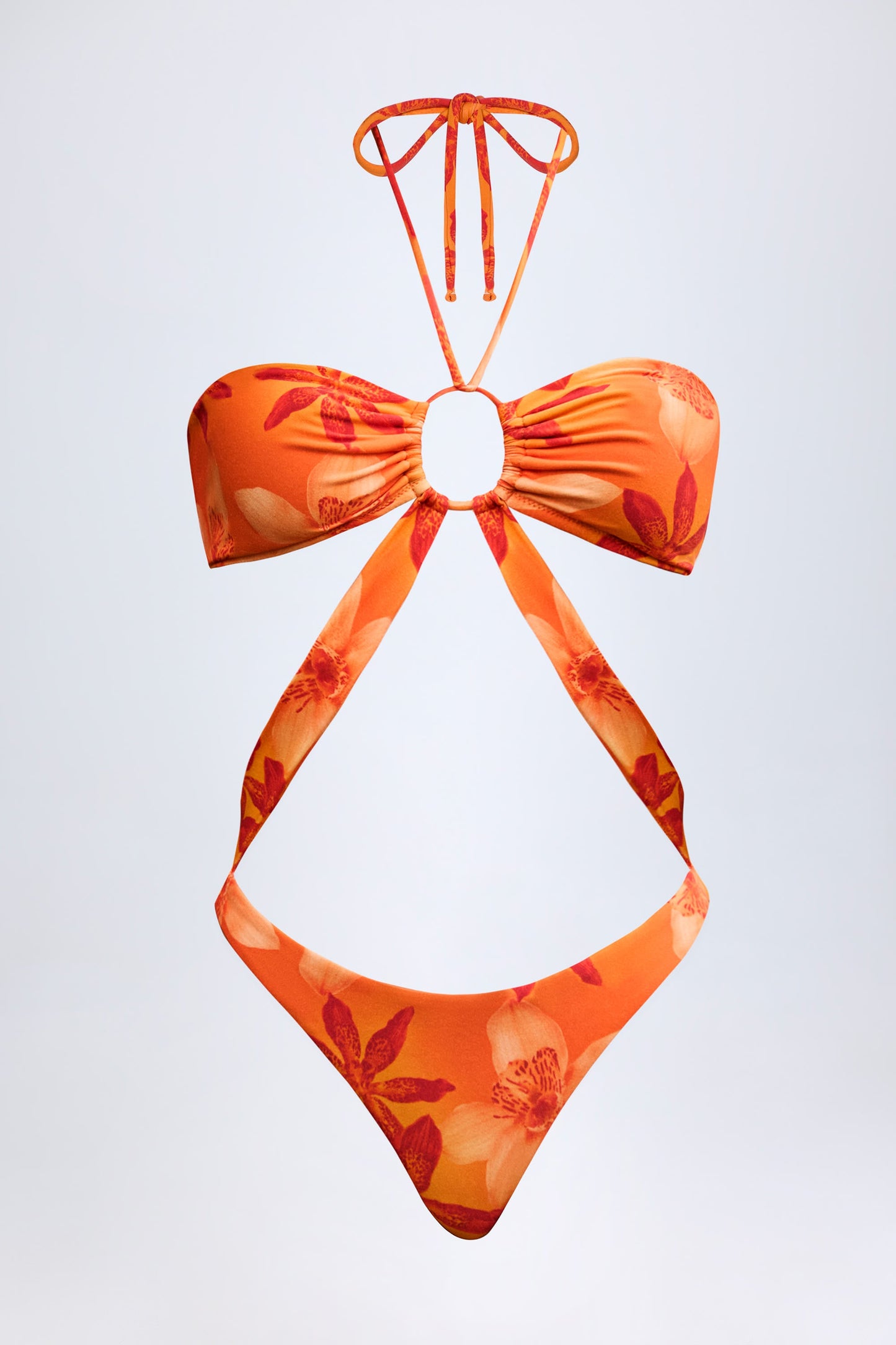 Cut-Out Halterneck Swimsuit in Orange Orchid Print