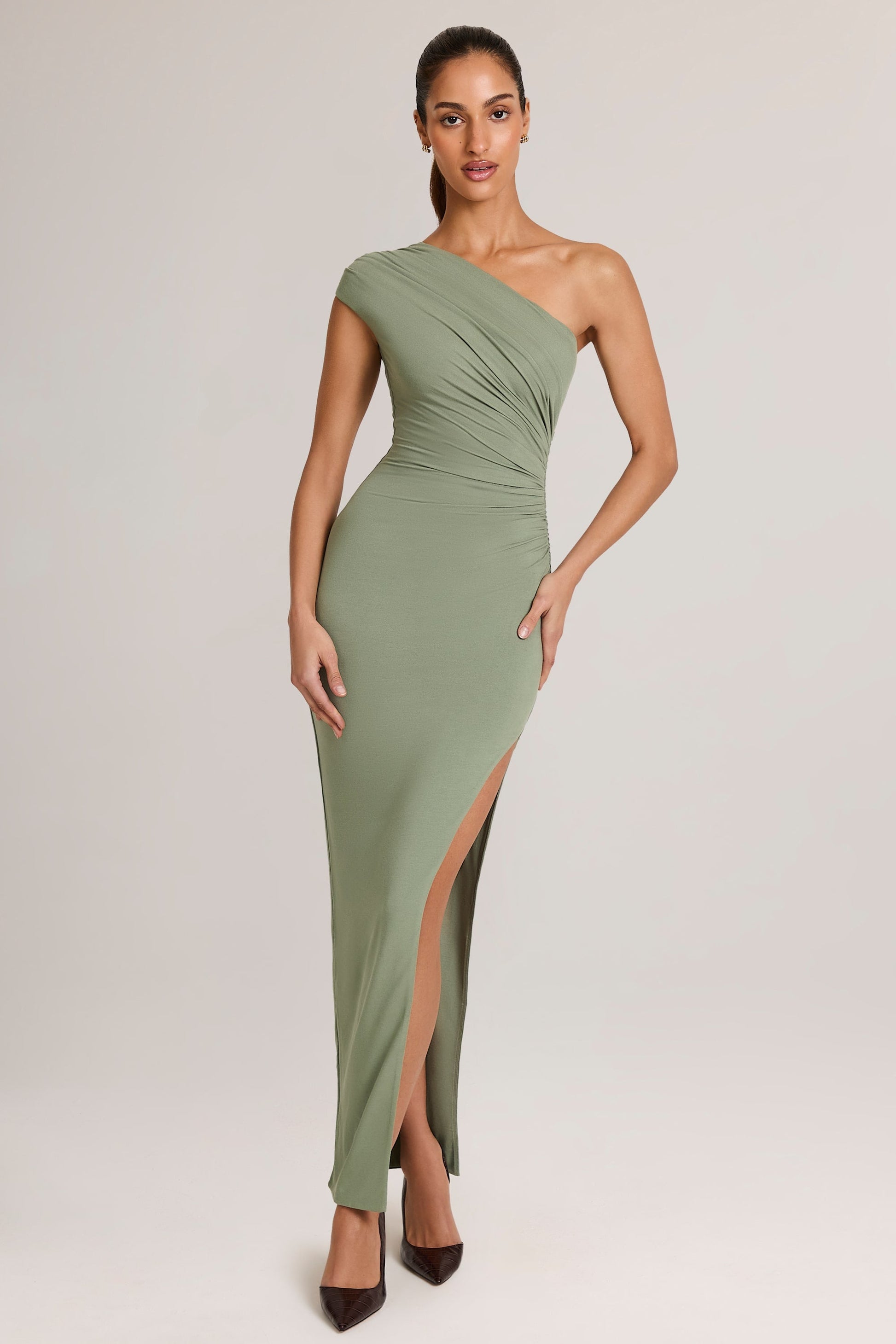 Modal Asymmetric Ruched Maxi Dress  in Sage Green