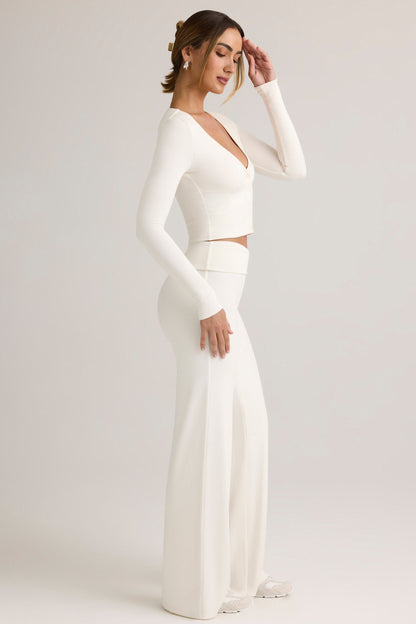 Modal Foldover Wide-Leg Trousers in White