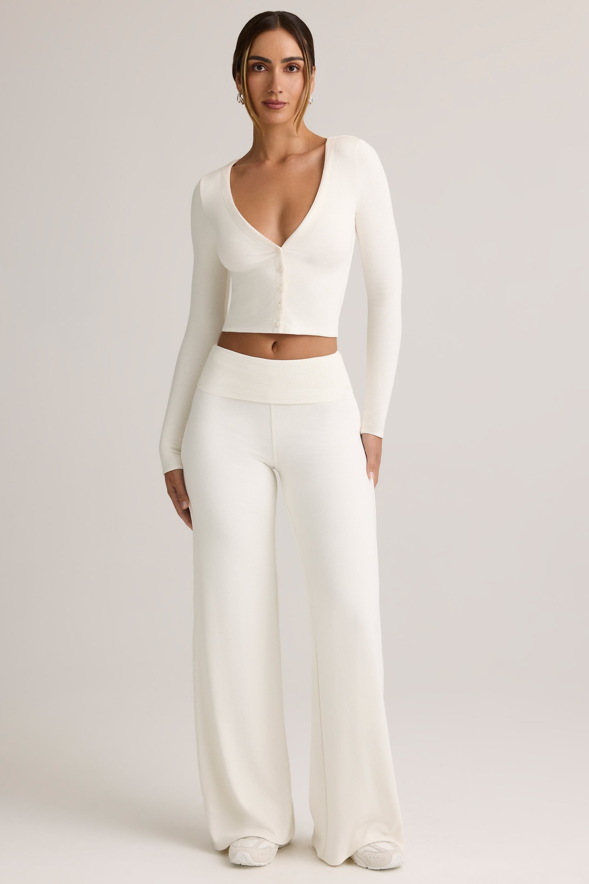 Modal Foldover Wide-Leg Trousers in White