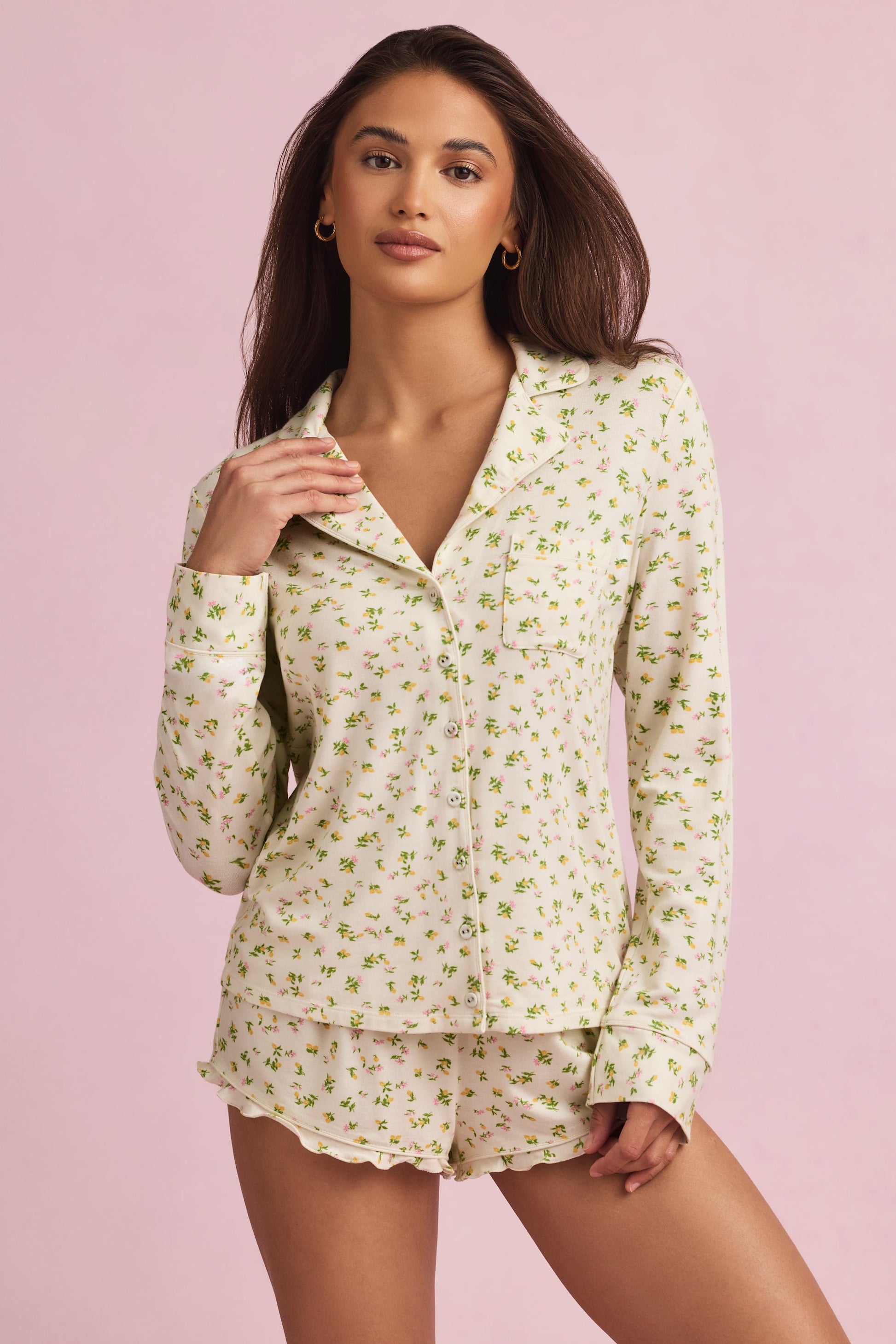 Modal Long-Sleeve Pyjama Top in Lemon Print