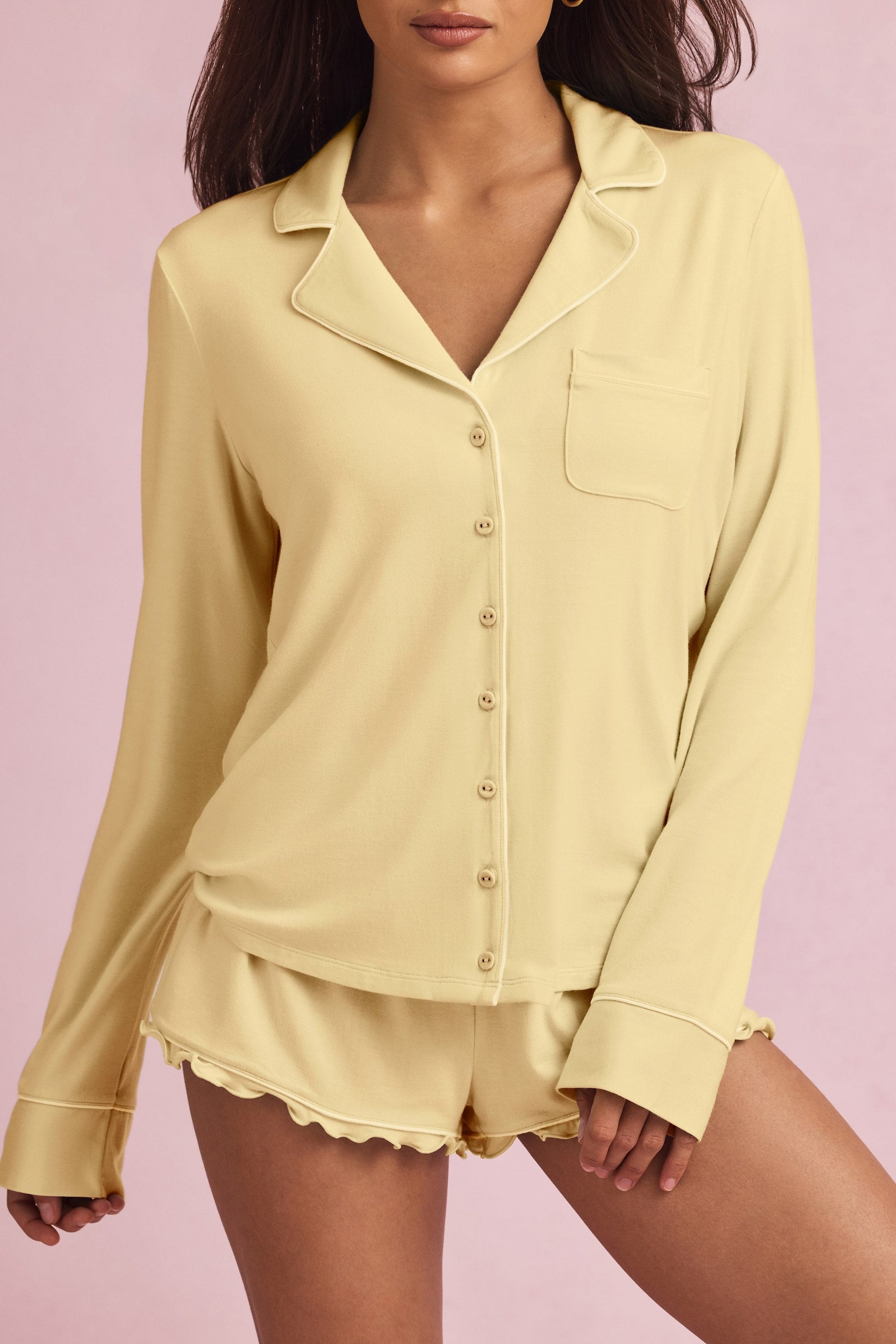 Modal Long-Sleeve Pyjama Top in Pastel Yellow