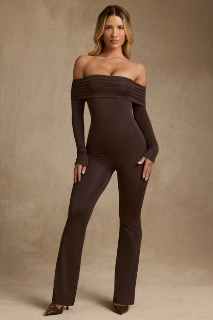 Modal Off-Shoulder Ruched Jumpsuit in Chocolate Brown