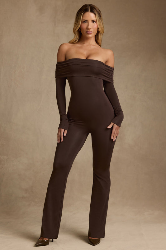 Modal Off-Shoulder Ruched Jumpsuit in Chocolate Brown