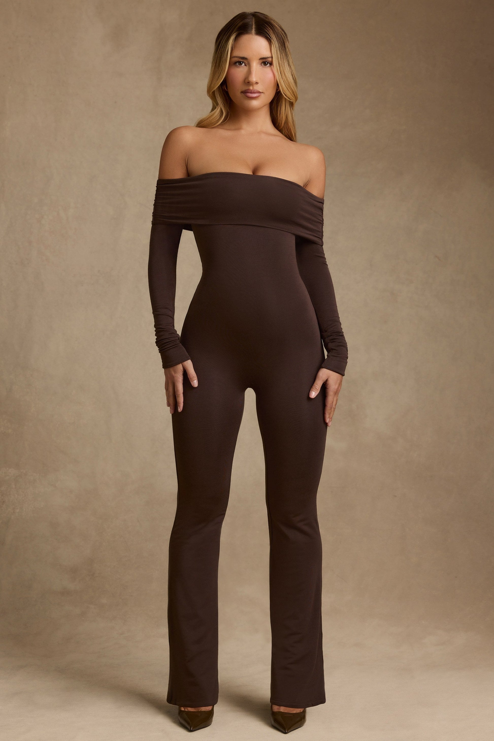 Modal Off-Shoulder Ruched Jumpsuit in Chocolate Brown