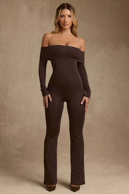 Modal Off-Shoulder Ruched Jumpsuit in Chocolate Brown