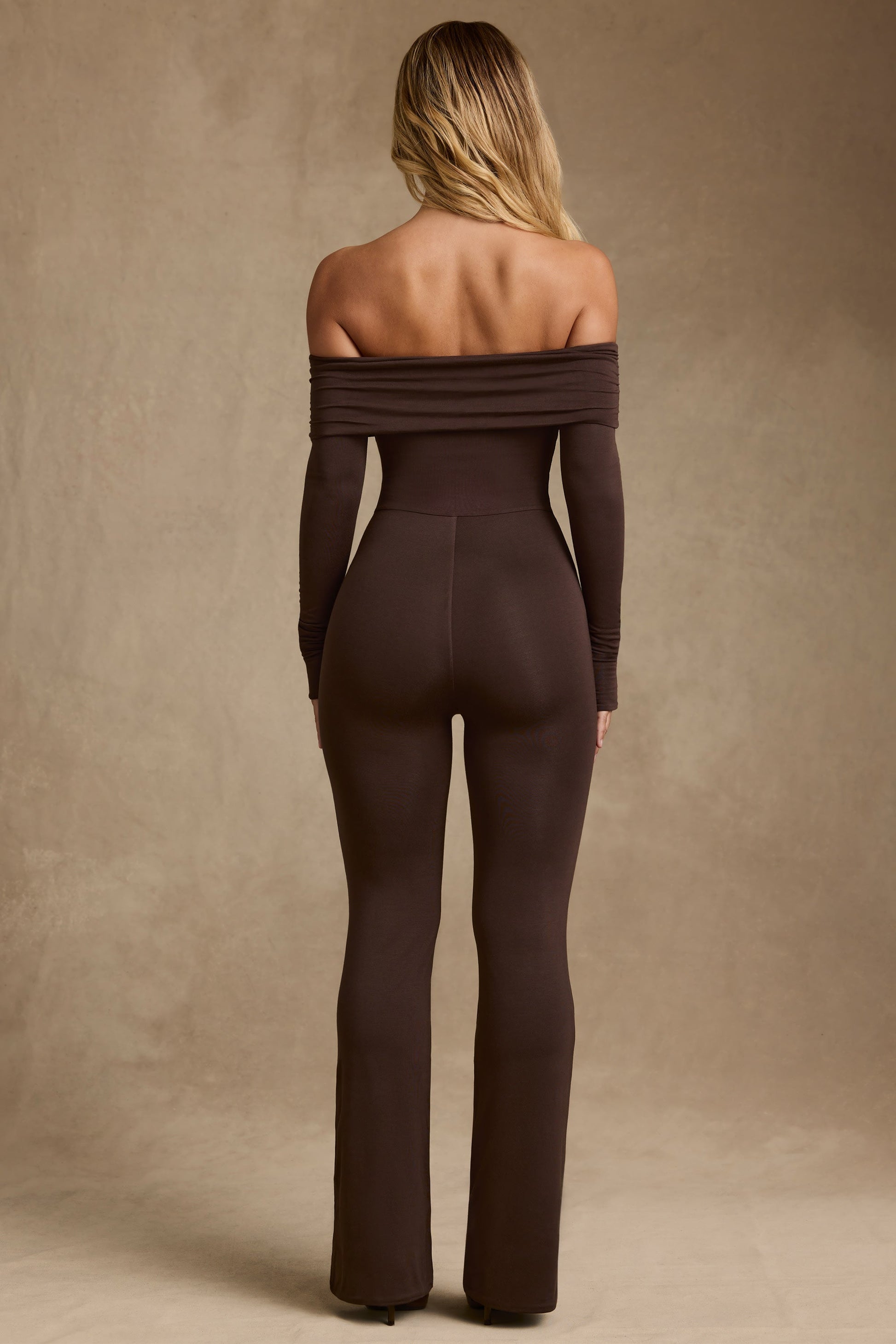 Modal Off-Shoulder Ruched Jumpsuit in Chocolate Brown
