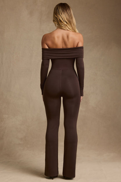 Modal Off-Shoulder Ruched Jumpsuit in Chocolate Brown