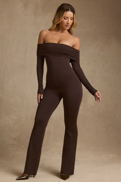 Modal Off-Shoulder Ruched Jumpsuit in Chocolate Brown