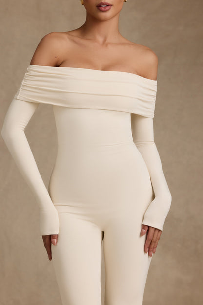 Modal Off-Shoulder Ruched Jumpsuit in Ivory