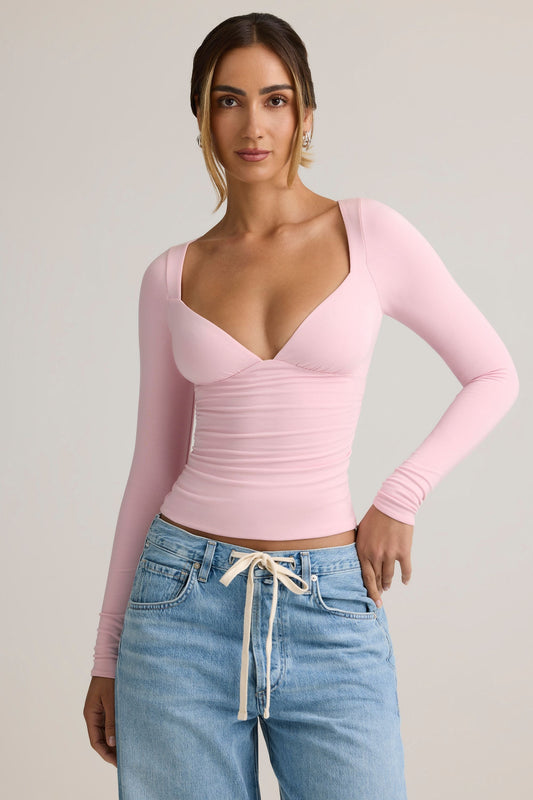 Modal Ruched Long-Sleeve Top in Baby Pink