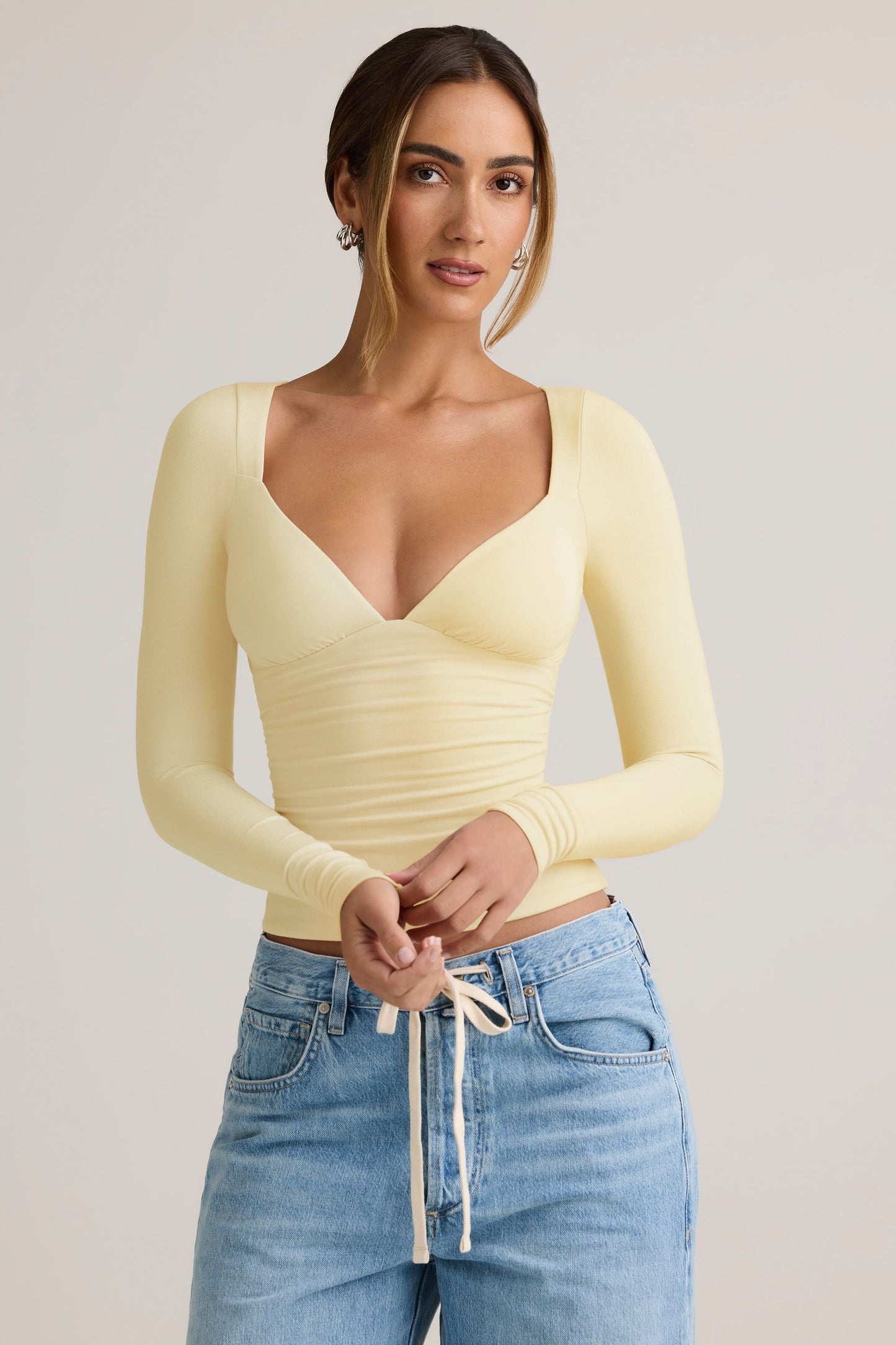 Modal Ruched Long-Sleeve Top in ButterCream Yellow