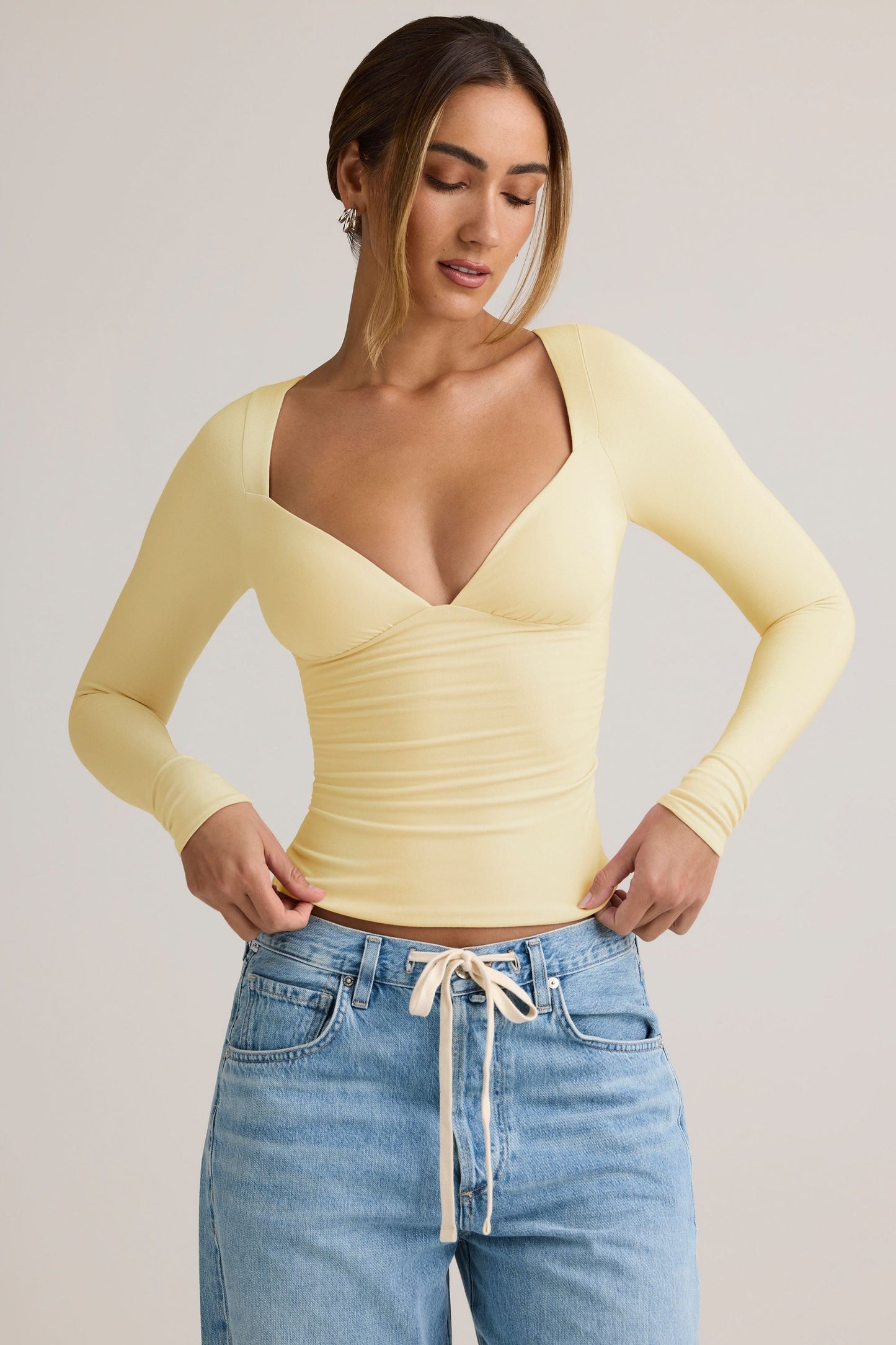 Modal Ruched Long-Sleeve Top in ButterCream Yellow