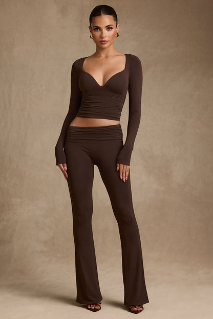 Modal Ruched Long-Sleeve Top in Chocolate Brown