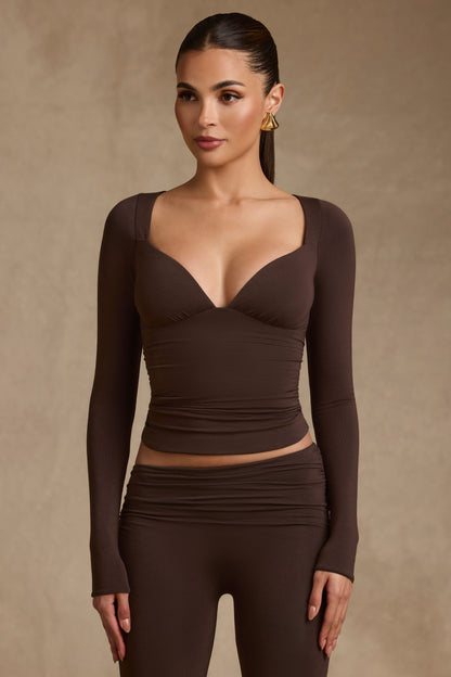 Modal Ruched Long-Sleeve Top in Chocolate Brown