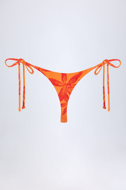 Side-Tie Thong Bikini Bottoms in Orange Orchid Print