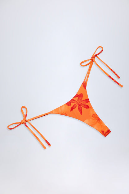 Side-Tie Thong Bikini Bottoms in Orange Orchid Print