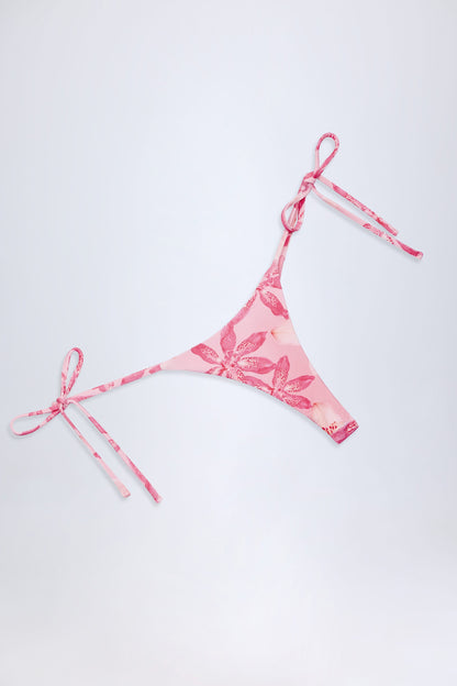 Side-Tie Thong Bikini Bottoms in Pink Orchid Print