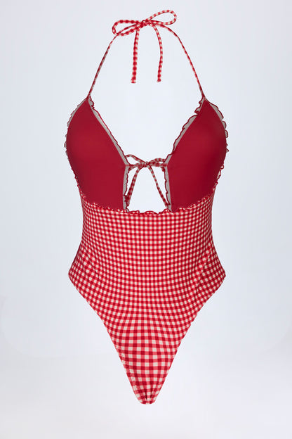 Ruffled Cut-Out Halterneck Swimsuit in Red Gingham