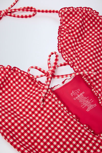 Ruffled Cut-Out Halterneck Swimsuit in Red Gingham