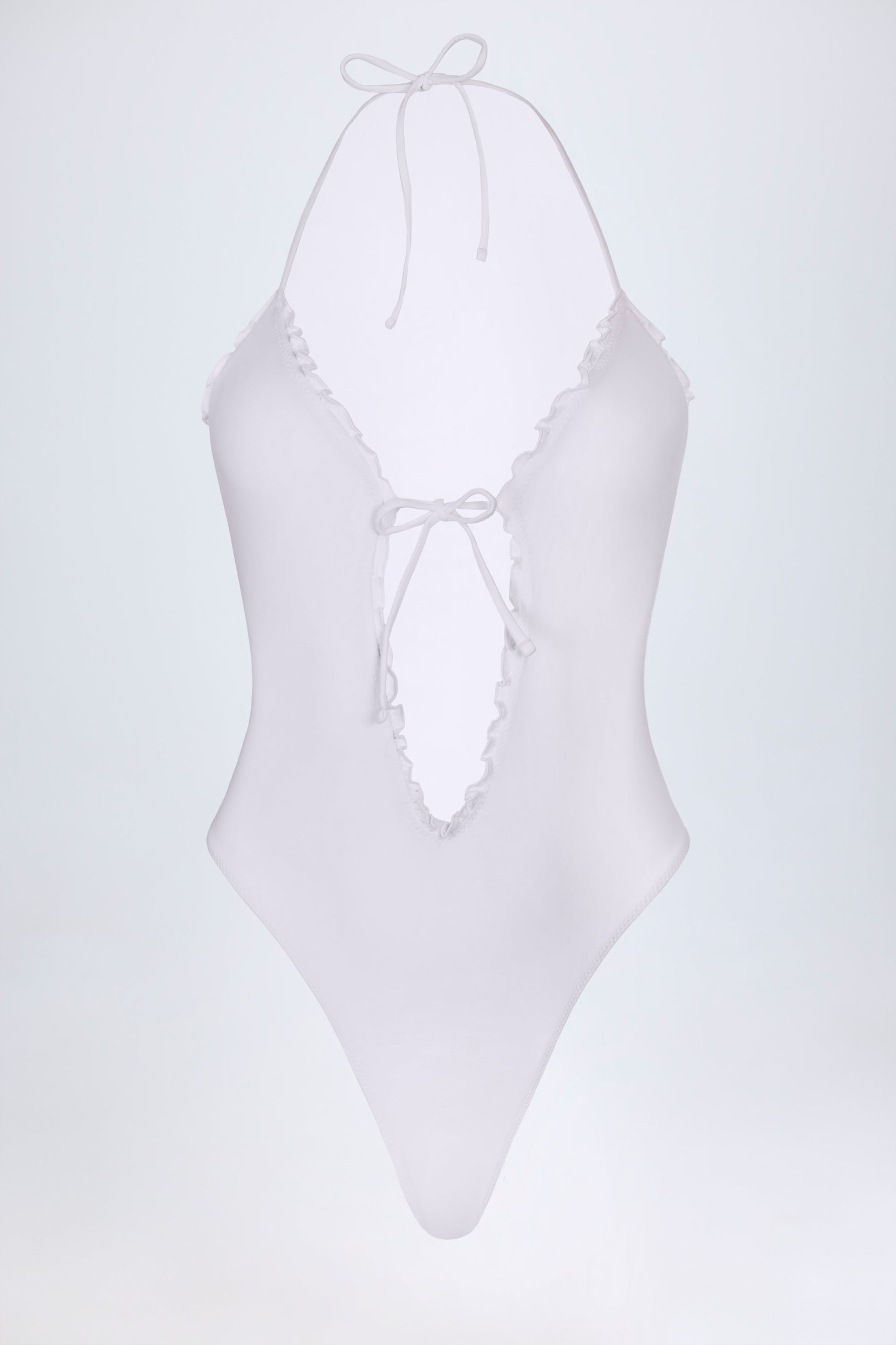 Ruffled Cut-Out Halterneck Swimsuit in White