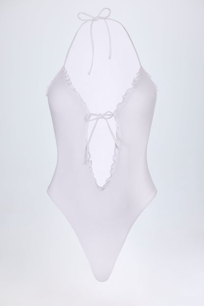 Ruffled Cut-Out Halterneck Swimsuit in White