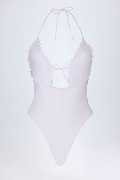 Ruffled Cut-Out Halterneck Swimsuit in White