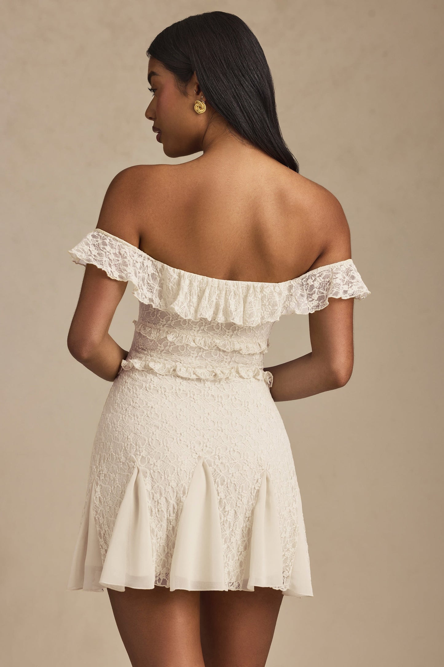 Off-Shoulder Lace A-Line Mini Dress in Ivory