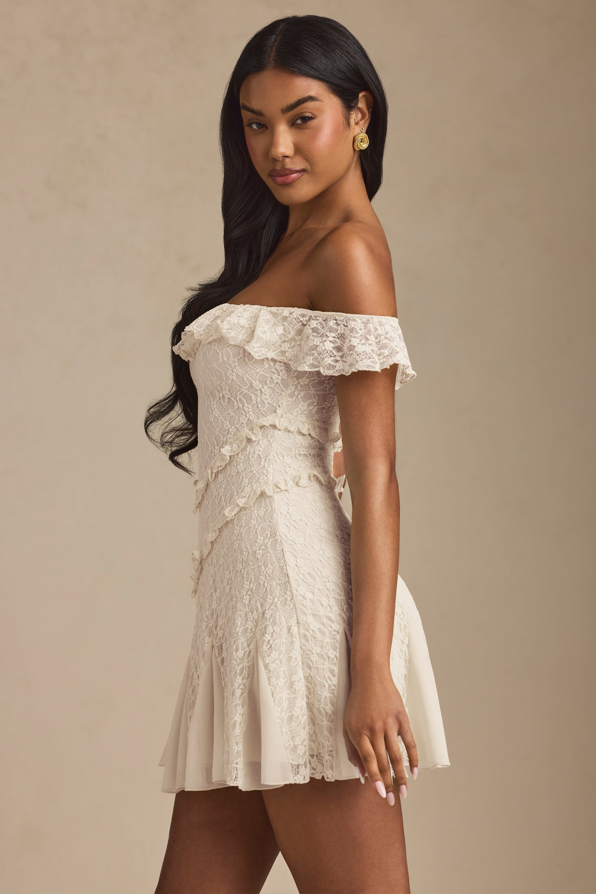 Off-Shoulder Lace A-Line Mini Dress in Ivory