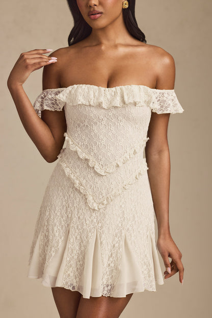 Off-Shoulder Lace A-Line Mini Dress in Ivory